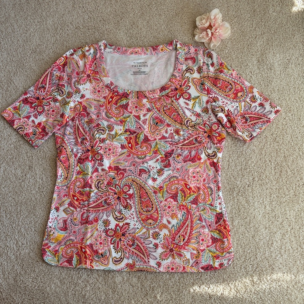 Talbots Pink Multi Paisley Short-Sleeve Scoop Neck Top, SP, NWOT
